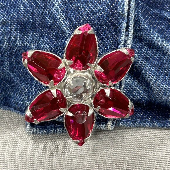 Vintage Life Style Jacket Women L Boho Blue Denim Floral Jewel Button Fringe 90s - Picture 11 of 14